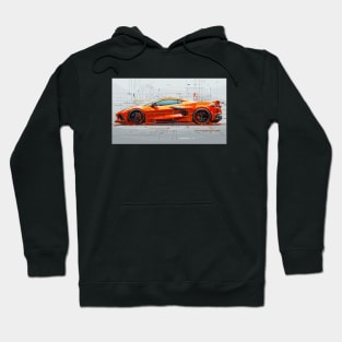 Orange C8 Corvette Tech Drawing Supercar Racecar Amplify Orange Corvette C8 Hoodie